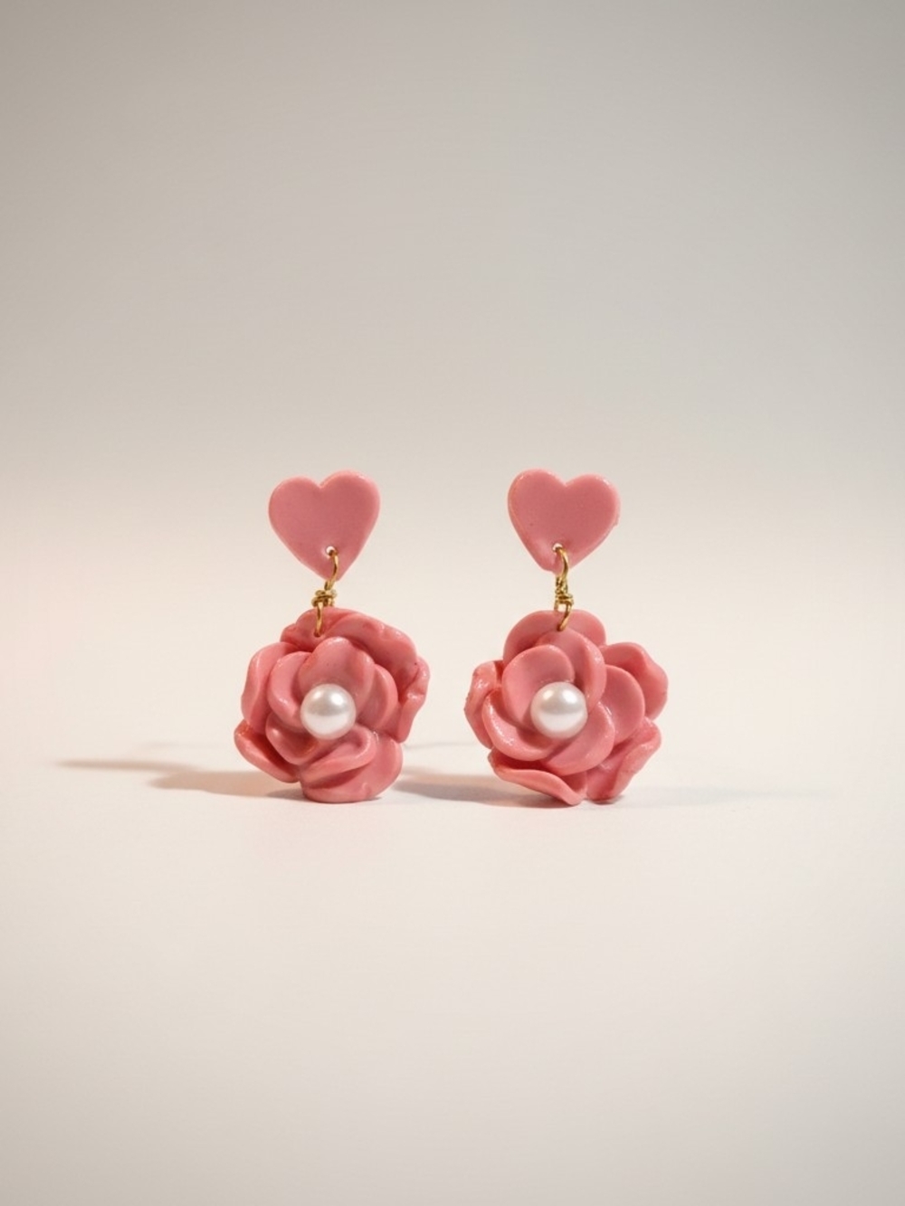 Pink Heart & Rose Pearl Drop Earrings — Feminine Floral Dangle